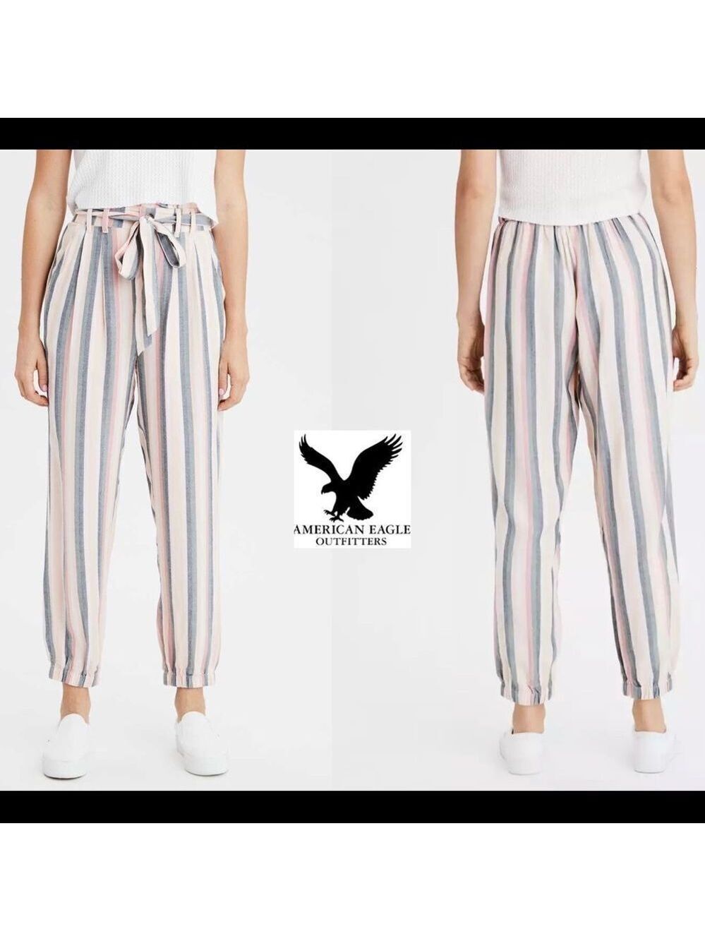 Ae High-Waisted Striped Paperbag Jogger Sz L